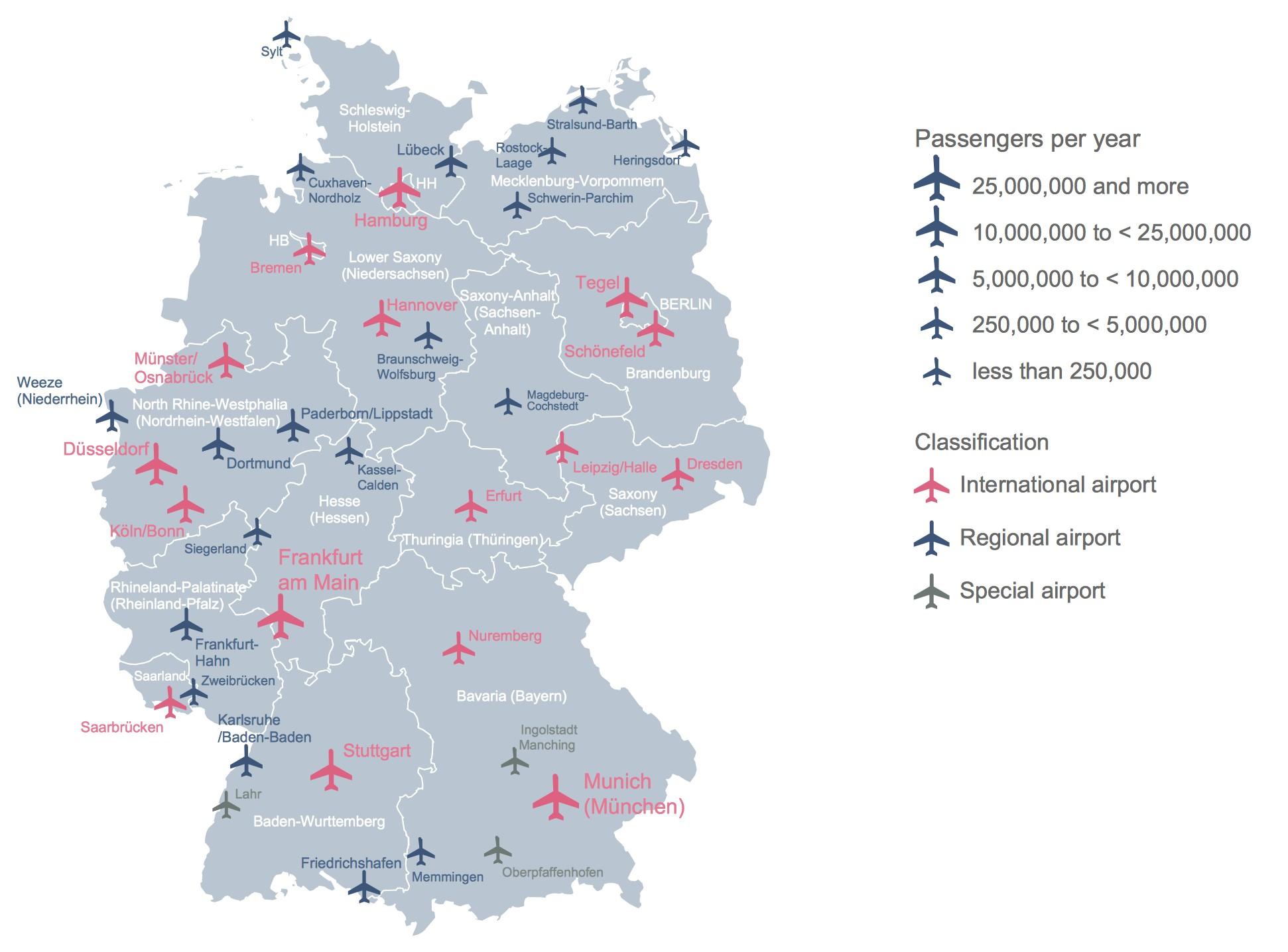 Tyskland flyplassen kart - Kart over Tyskland som viser flyplasser